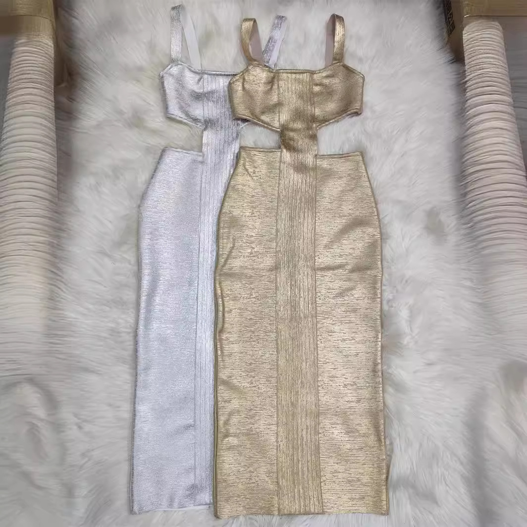 Light Luxury Gold Bodycon Midi Dress for Party Events - Image 3