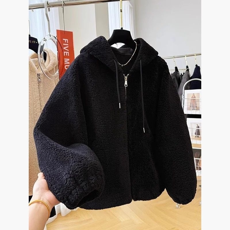 Solid Color Hooded Lamb Wool Coat Loose Fit Long Sleeve Outerwear - Image 2