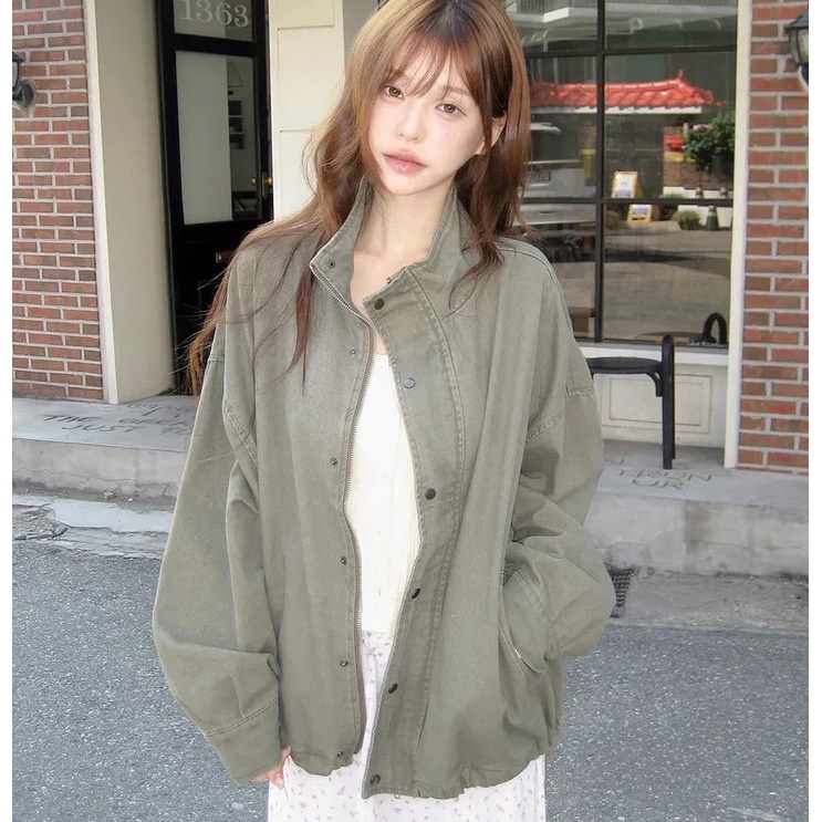 Loose drop-shoulder drawstring vintage distressed stand collar frock coat - Image 4