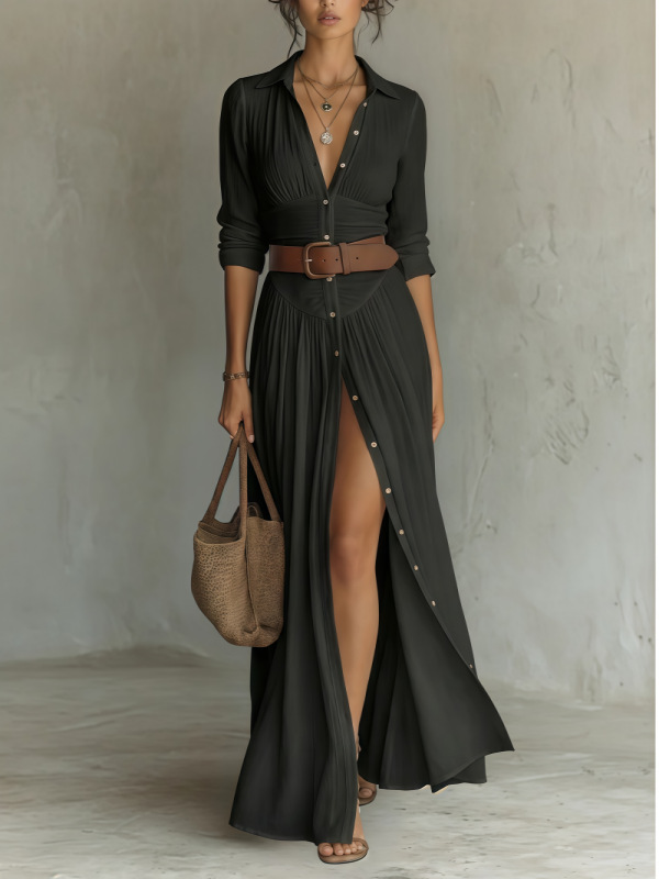 V-Neck Long Slit Shirt Dress for Women - Image 2