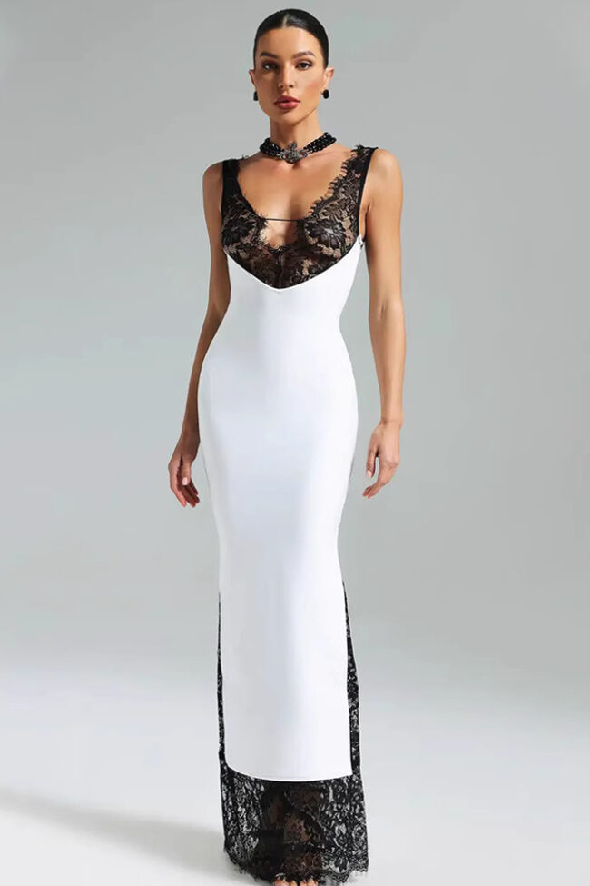 The Justine Sleeveless Strap V Neck Lace Stitching Elegant Dress Detail – La Rose Couture Dresses & Gowns
