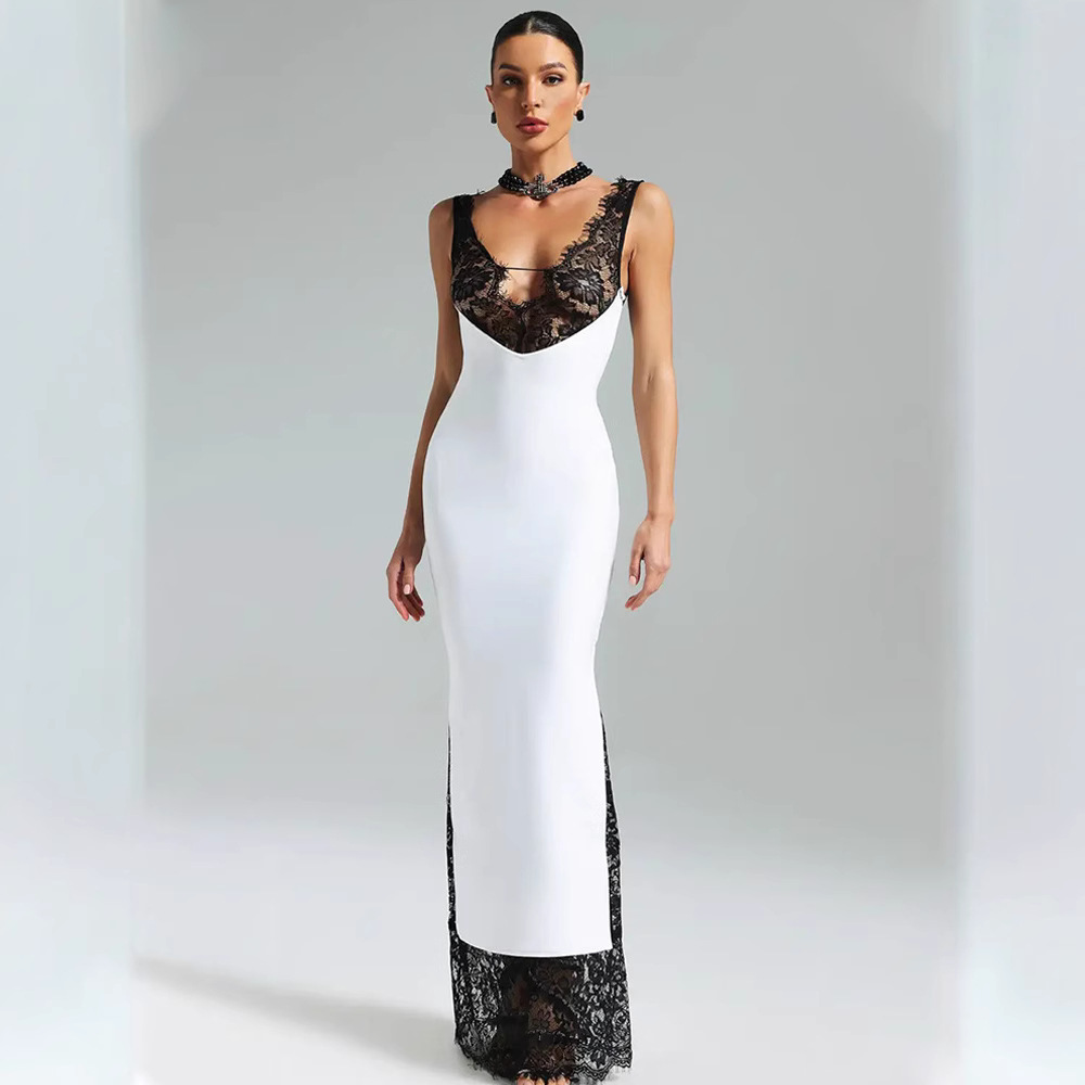 Sleeveless Strap V-Neck Lace Stitching Elegant Dress - Image 2