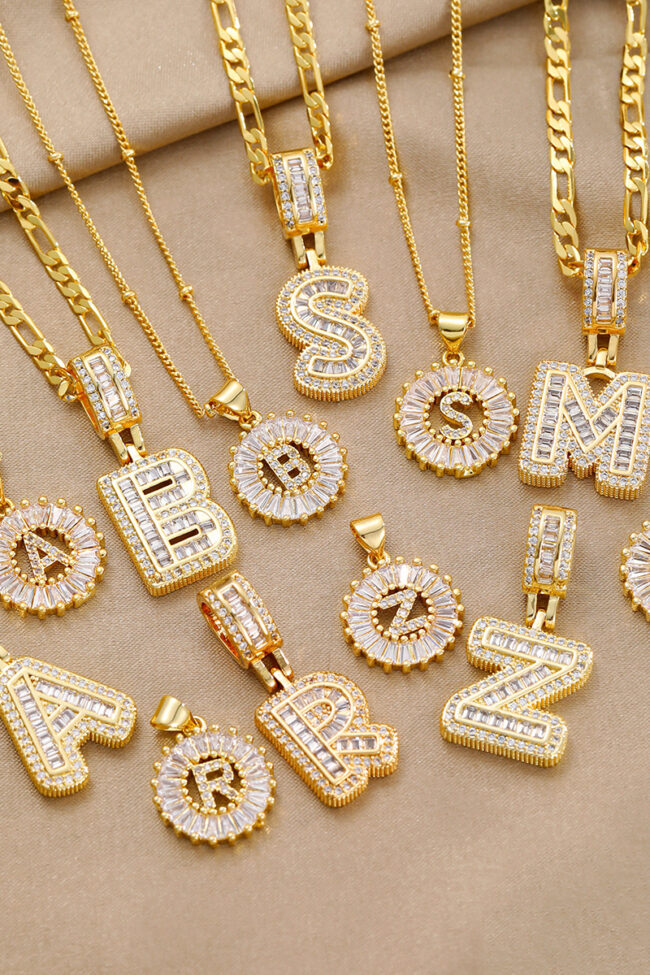 The Magali 18k Gold Plated Zircon Letter Pendant Necklace Unisex Personalized Jewelry Detail – La Rose Couture Jewellery & Accessories