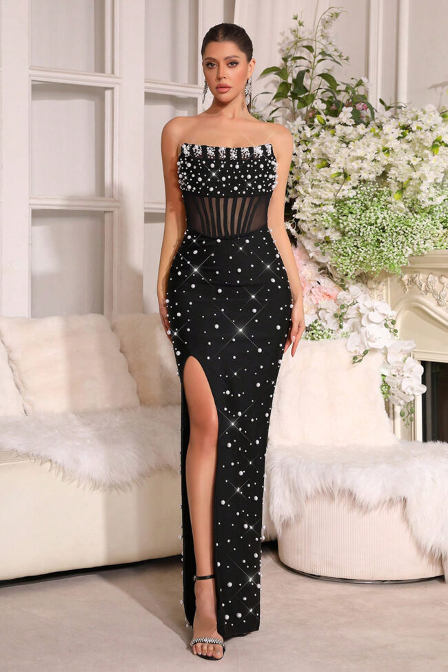 The Nathalie Elegant Strapless Slim Fit Long Dress with Pearl Decoration – La Rose Couture Dresses & Gowns