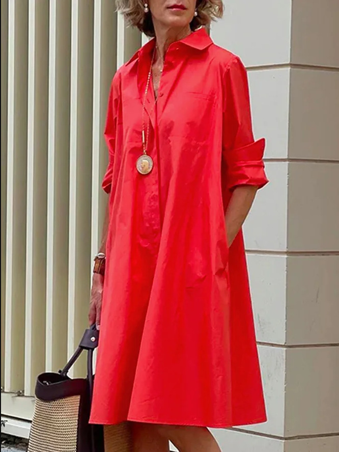 Women Solid Color Polo Collar Long Sleeve Mid-Length Dress