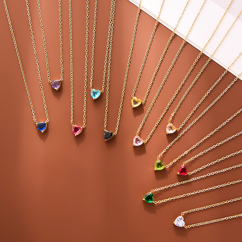 Heart Birthstone Crystal Necklace Women Fashion Jewelry