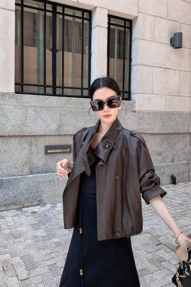 The Eugenie Vintage Washed Leather Jacket Loose Fit Double Breasted Outerwear Detail – La Rose Couture Coats & Jackets