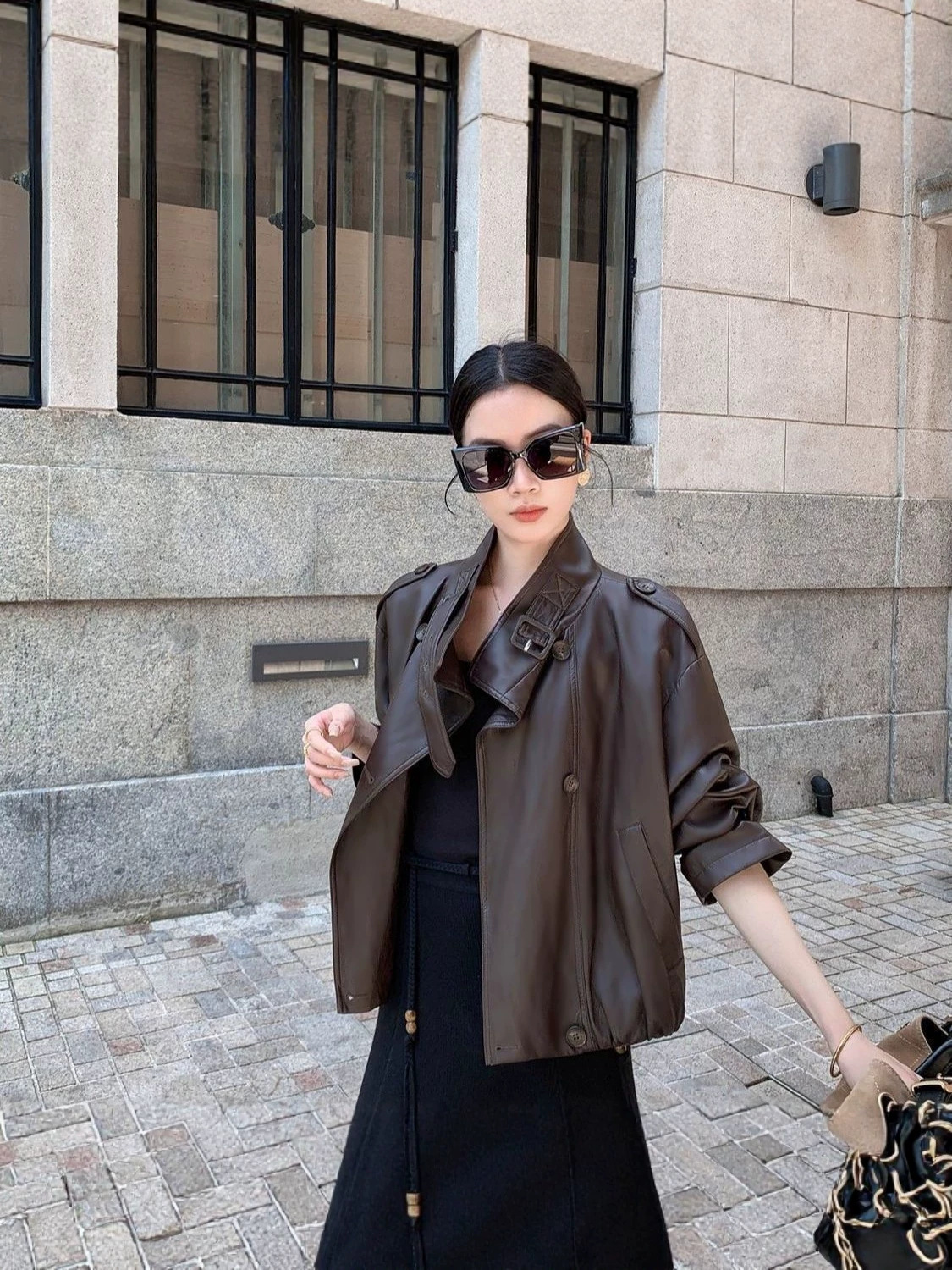 Women's Vintage Washed Leather Jacket Loose Fit Double Breasted Outerwear - Image 4