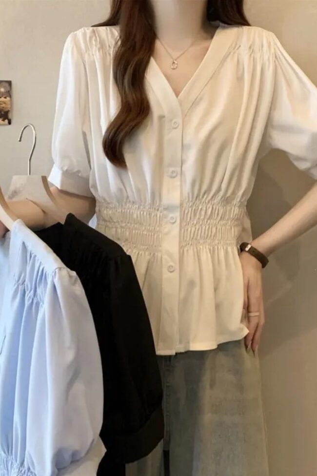 Solid Color Short Sleeve Shirt Detail – La Rose Couture Tops & Blouses