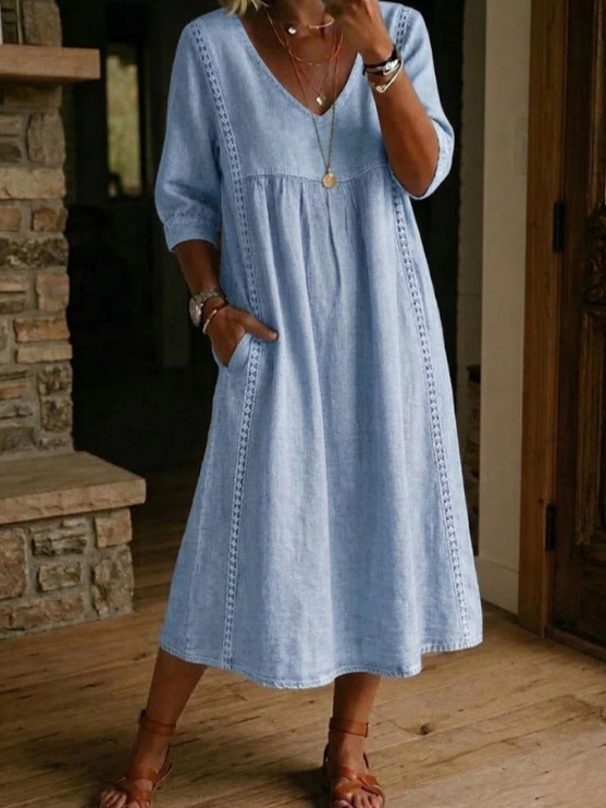 Womens Casual Loose V-Neck Lace Trim Dress - Image 5