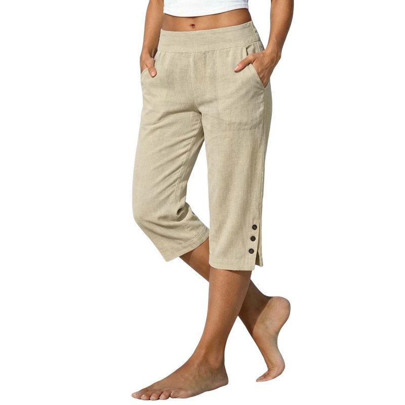 Womens Casual Loose Fit Cotton Linen Cropped Pants
