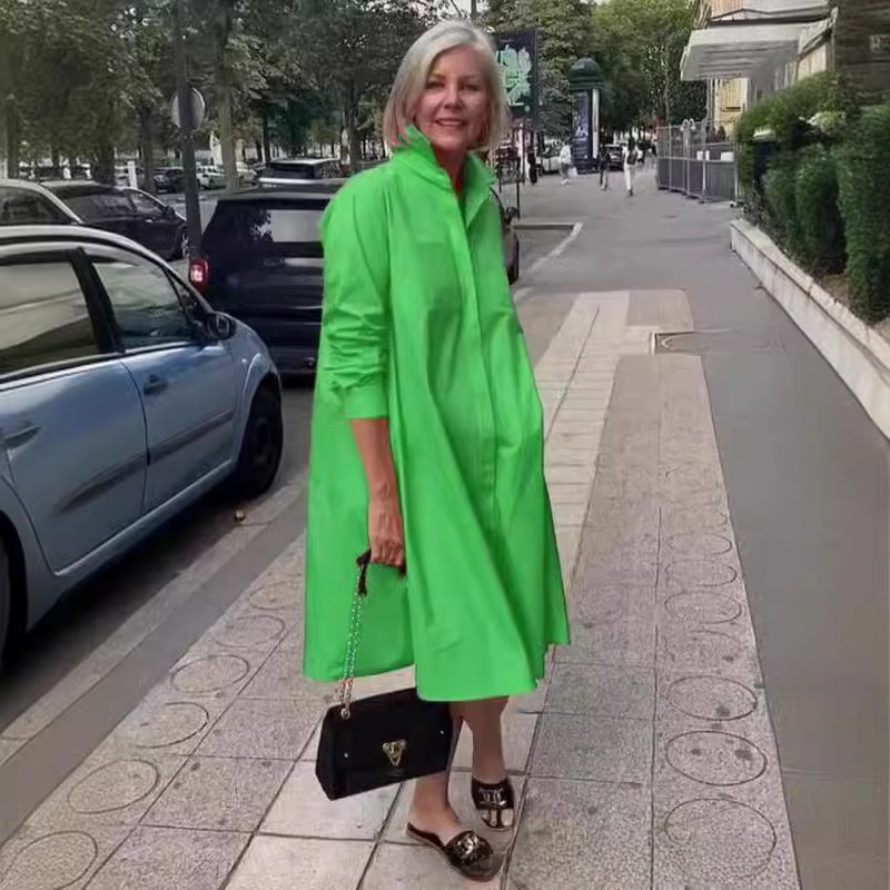 Women Loose Cotton Linen Plain Dress Bell Sleeve - Image 5