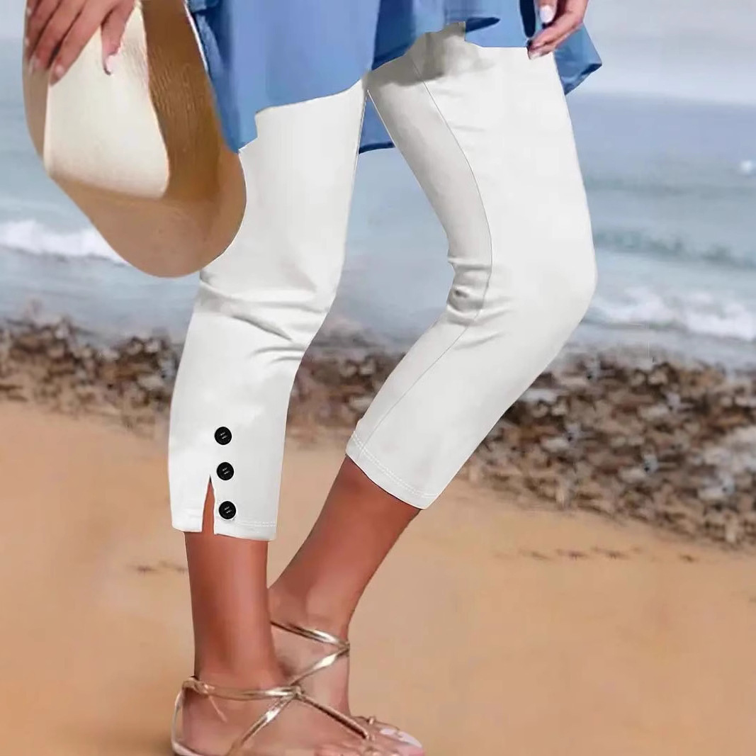 Women's mid-thigh elastic buttoned decorative capri pants - Image 4
