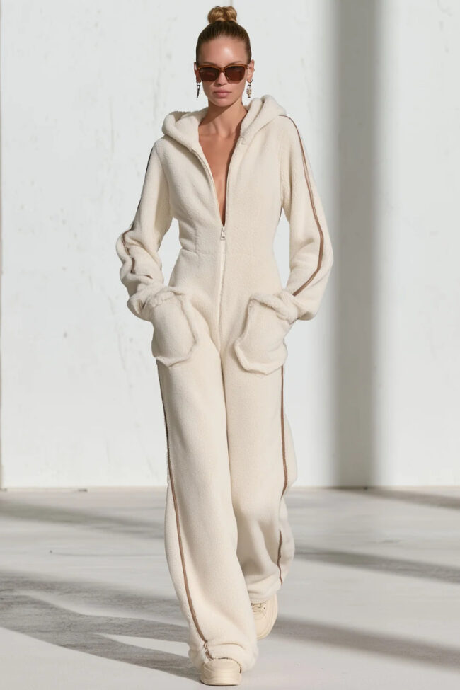 The Eleonore Hooded Zip Up Faux Shearling Jumpsuit Detail – La Rose Couture Dresses & Gowns