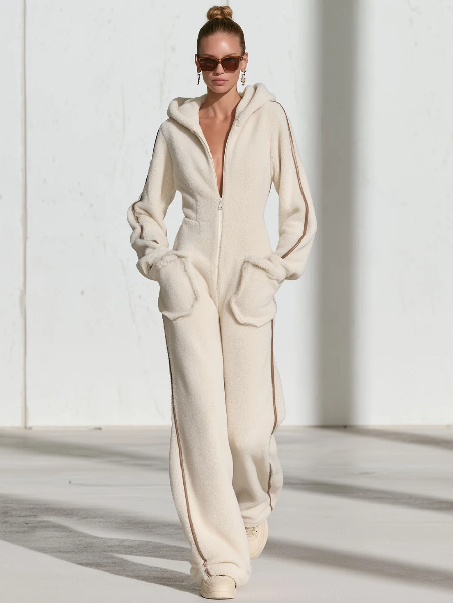 Hooded Zip-Up Faux Shearling Jumpsuit - Image 3