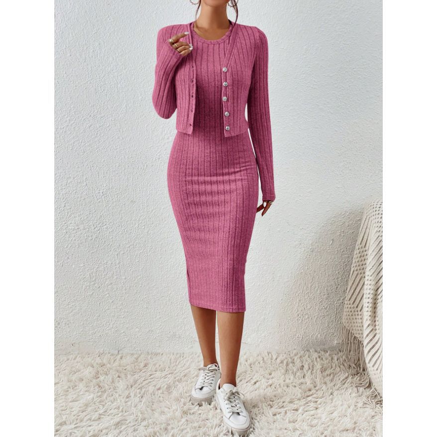 Women's French Style Knitted Dress and Coat Set - Image 2