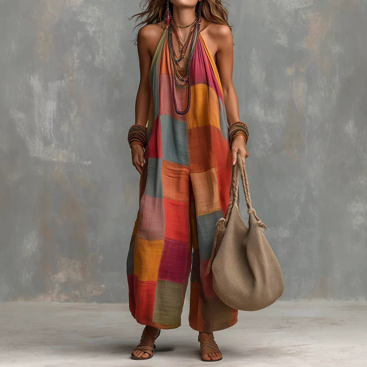 Womens Summer Casual Printed Plaid Jumpsuit