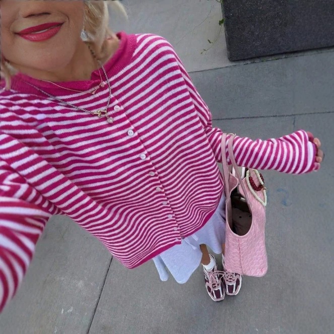 Women's Striped Knit Button-Front Long Sleeve Cardigan - Image 4