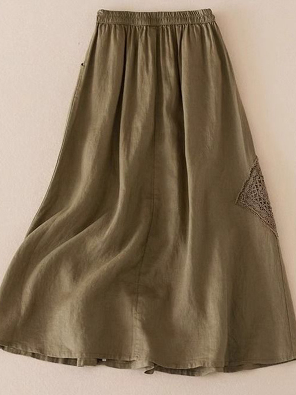 Cotton Linen Elastic Waist A-Line Skirt