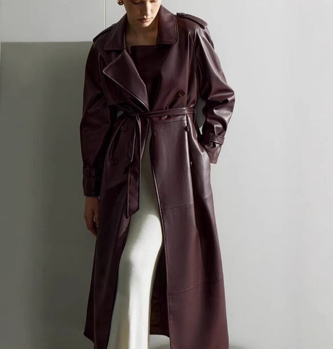 The Vivienne Deep Red Waist Cinching Belted Suit Collar Long Slim Fit Leather Coat Trench Jacket – La Rose Couture Coats & Jackets