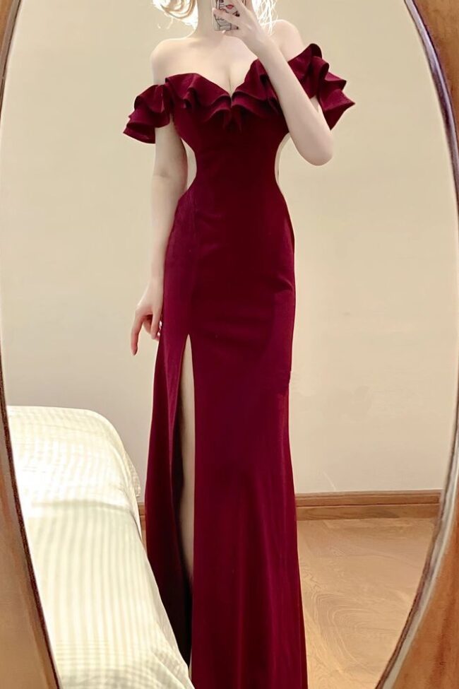 The Colette Elegant Off Shoulder Ruffled Strapless Dress with High Slit Detail – La Rose Couture Dresses & Gowns