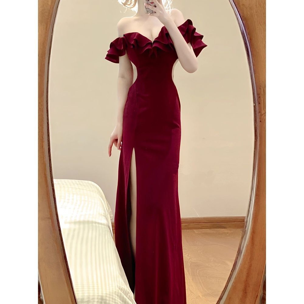 Elegant Off-Shoulder Ruffled Strapless Dress with High Slit - Image 5