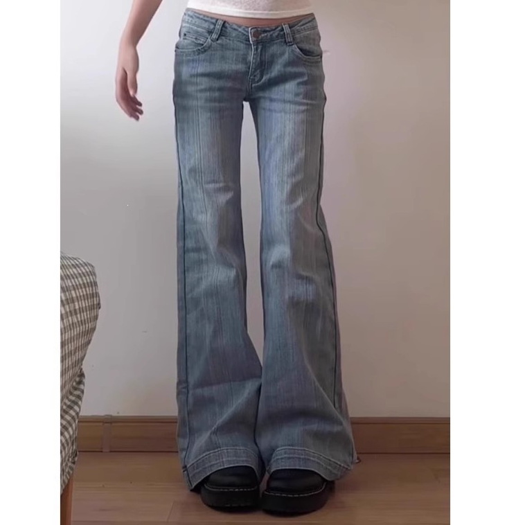 Womens Light Blue Flared Bootcut Jeans Low Waist Denim Pants - Image 4