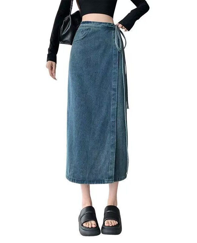 The Virginie Tie Up High Waisted Denim Skirt with Slit Detail – La Rose Couture Trousers & Skirts