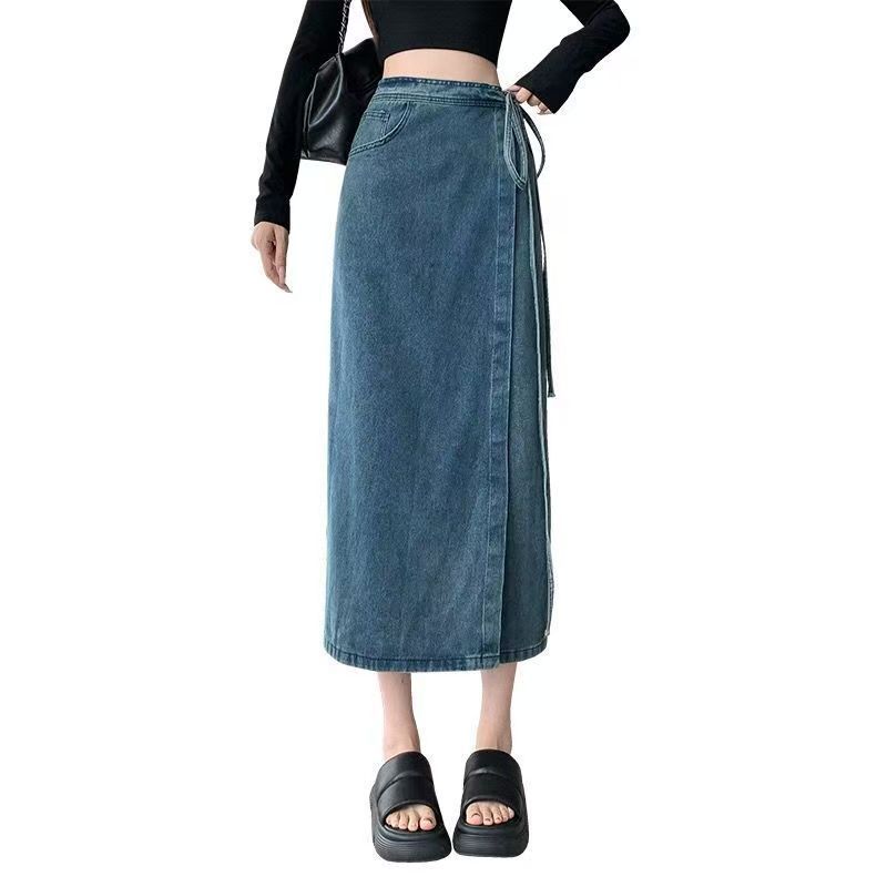 Tie-Up High Waisted Denim Skirt with Slit - Image 5