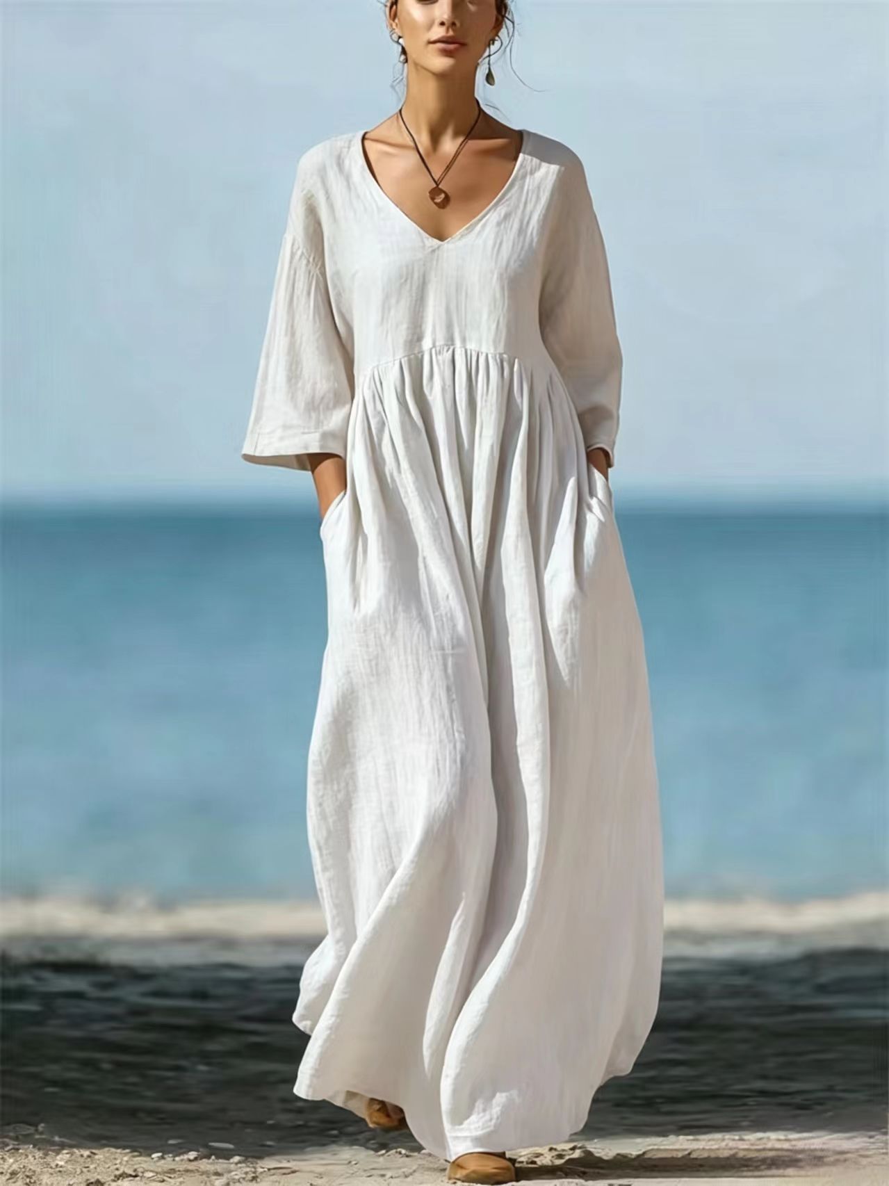 V-neck five-button casual loose pure-color dress - Image 4