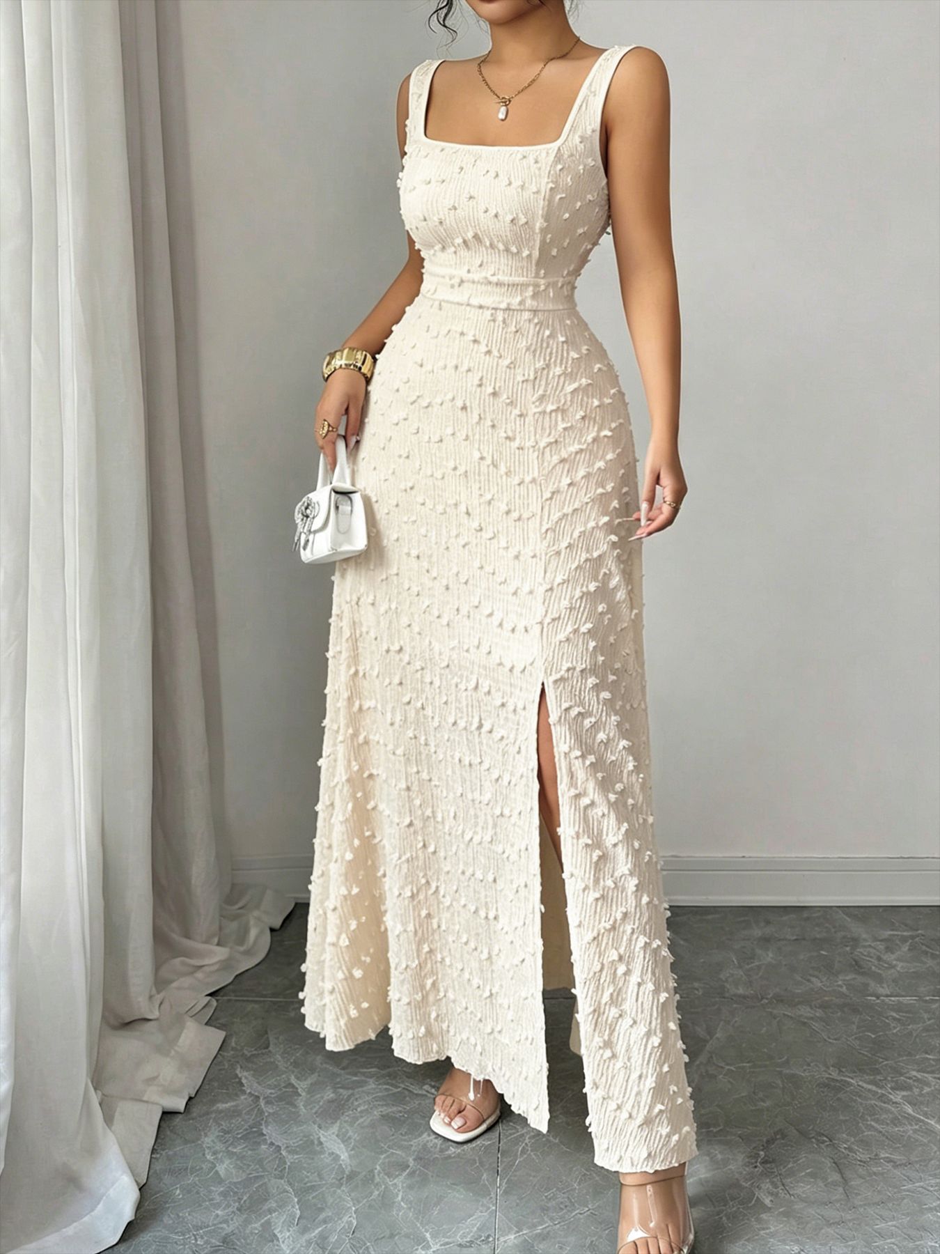 Square-Neck Jacquard Long Dress - Image 2
