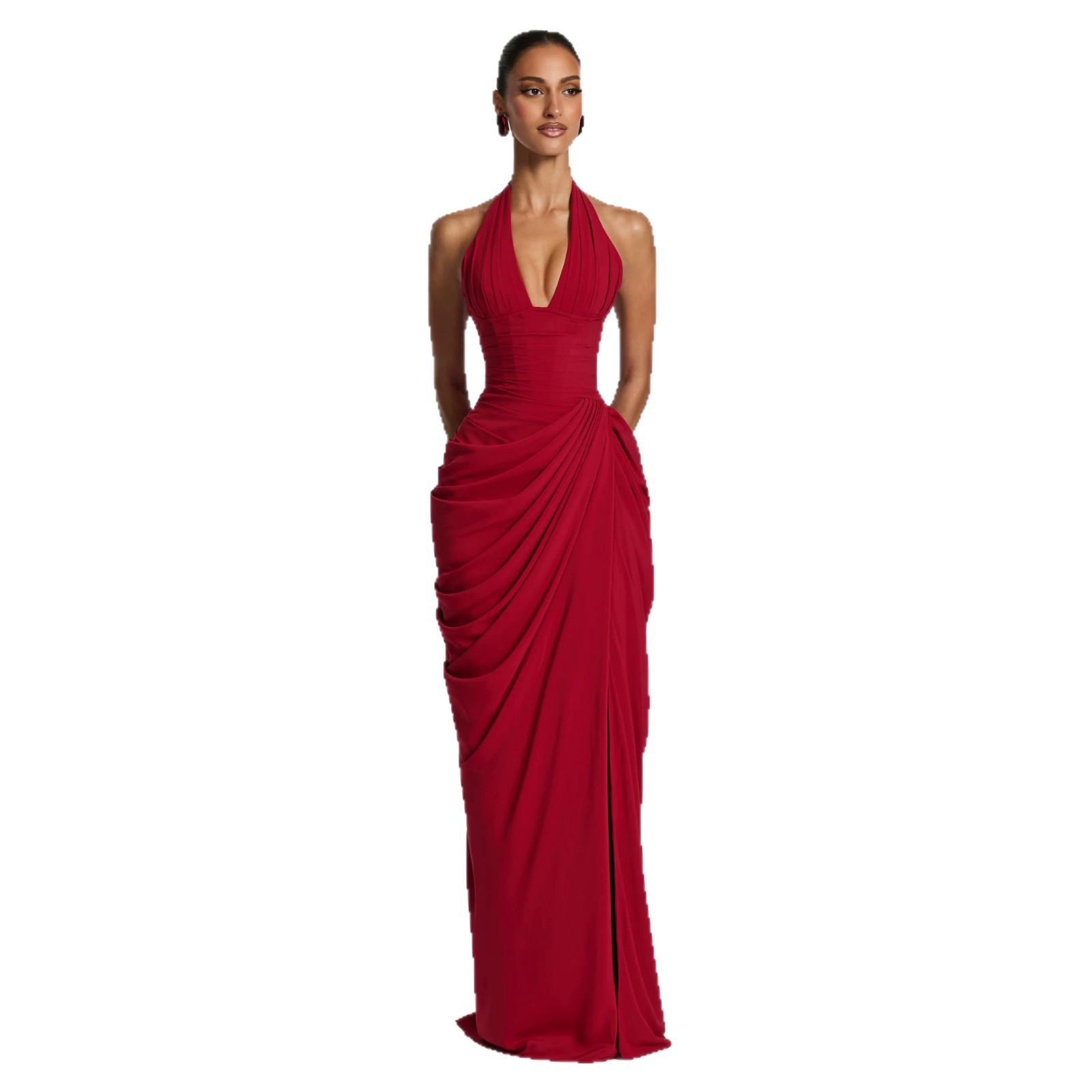 Women Halter V-Neck Pleated Bodycon Dress - Image 2