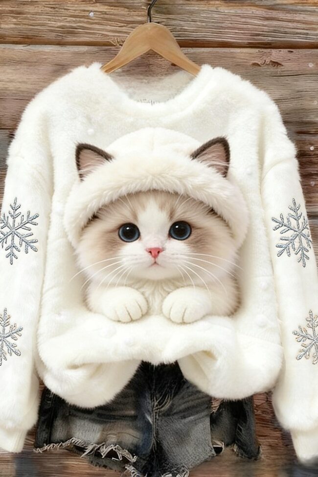 3d Digital Printing Cat Christmas Round Neck Sweater Detail – La Rose Couture Tops & Blouses