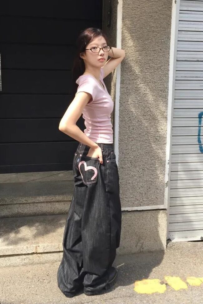 The Fabienne Loose Flared Denim Pants with Heart Pocket Detail – La Rose Couture Trousers & Skirts