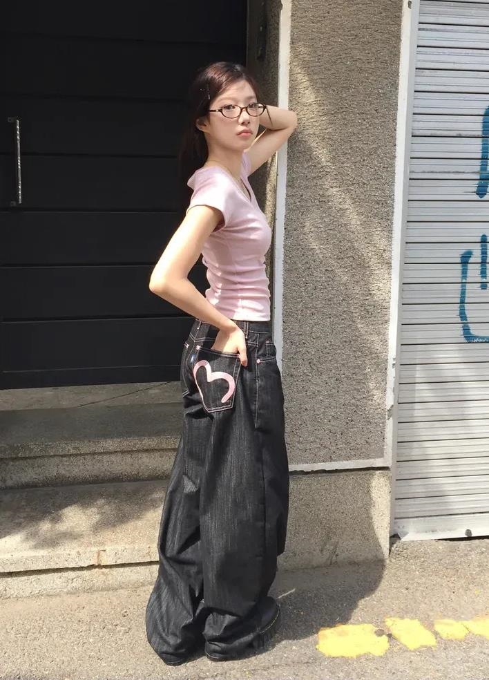 Loose Flared Denim Pants with Heart Pocket - Image 4