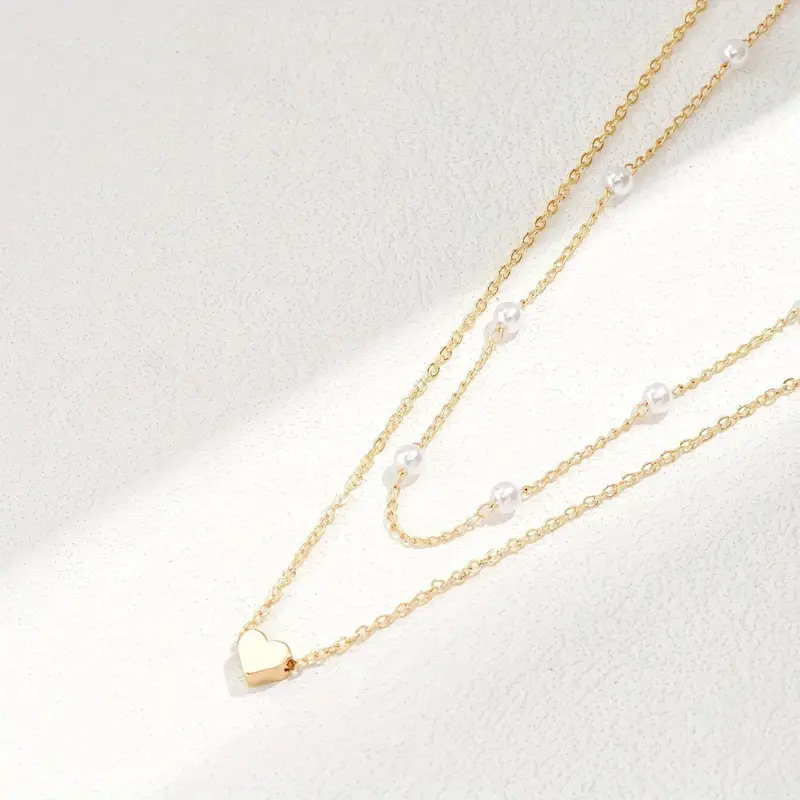 Fashion Imitation Pearl Layered Necklace with Heart Pendant for Women Men - Image 5