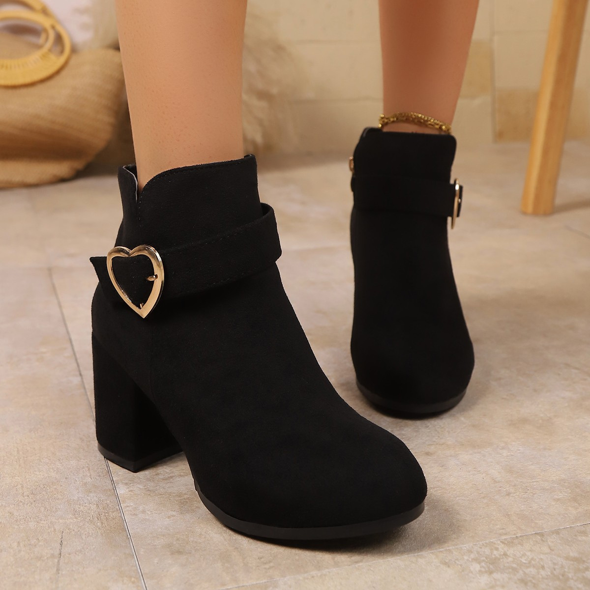Women's Suede Thick Heel Boots with Metal Buckle and Side Zipper - Image 4