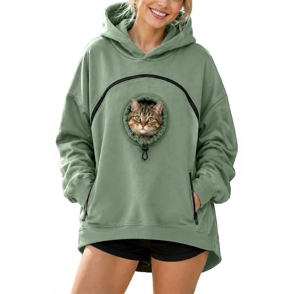 Womens Long Sleeve Hoodie with Pet Pocket - Image 2