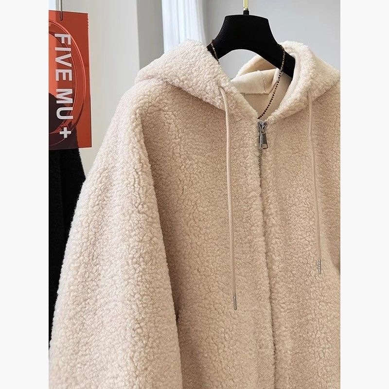 Solid Color Hooded Lamb Wool Coat Loose Fit Long Sleeve Outerwear - Image 5