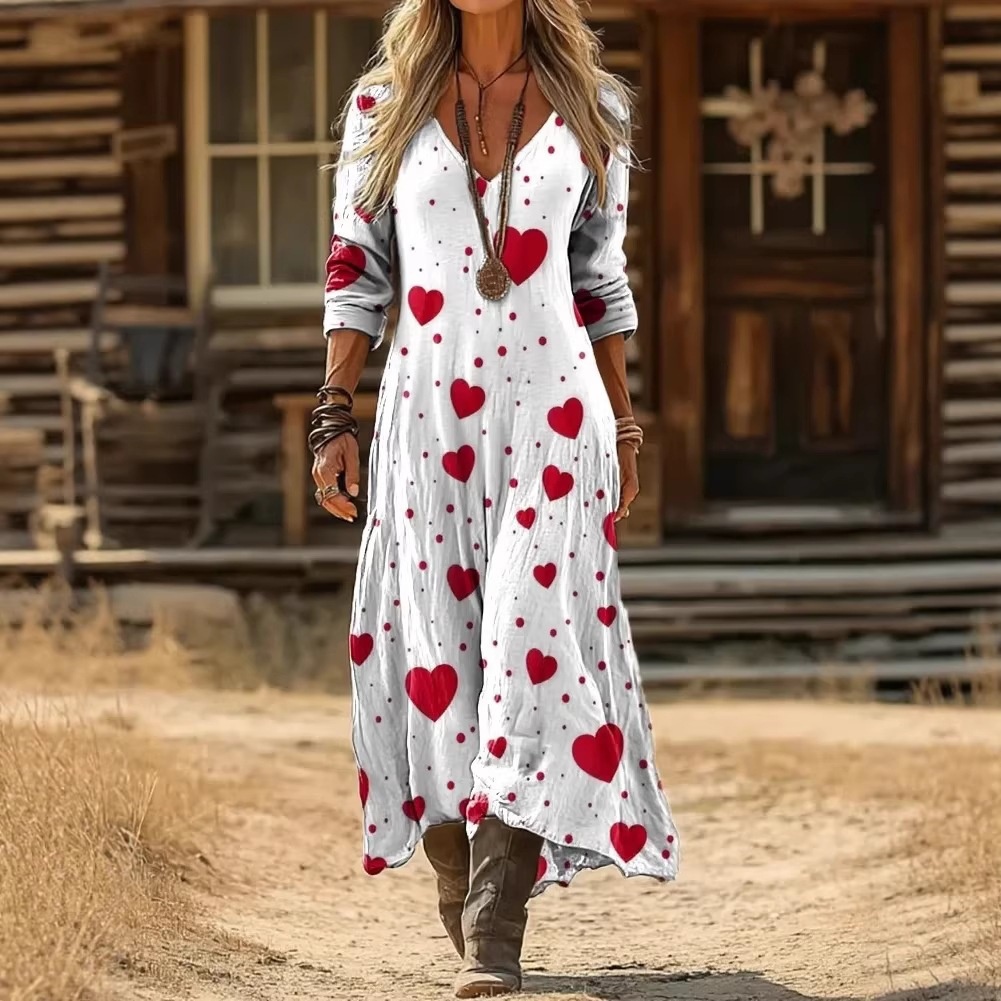 Women's printed long-sleeved V-neck dress - Image 3