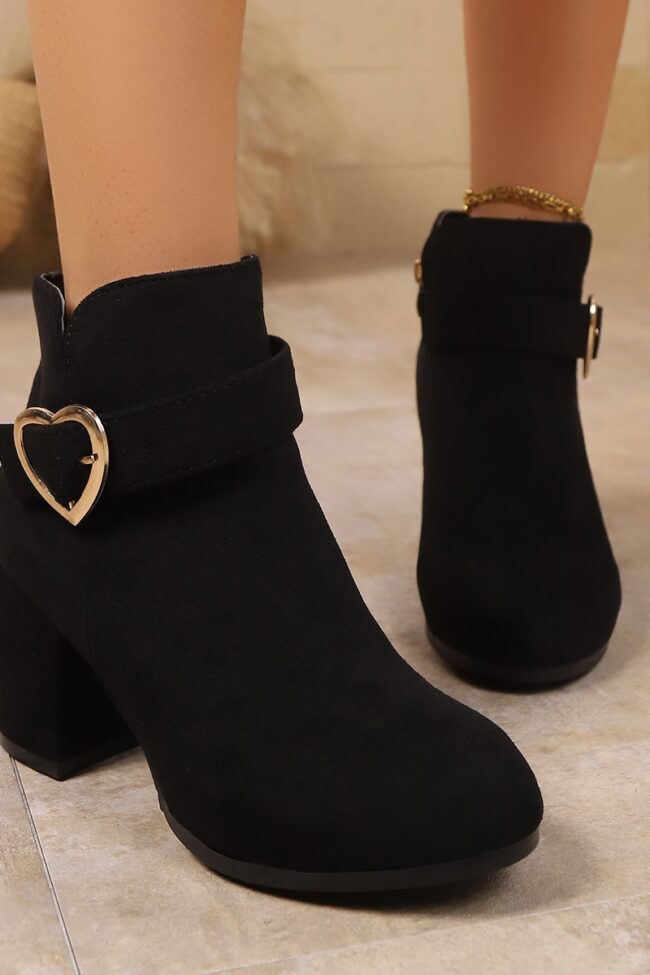 Heart Metal Buckle Suede Mid Heel Short Boots with Side Zipper Detail – La Rose Couture Shoes & Footwear