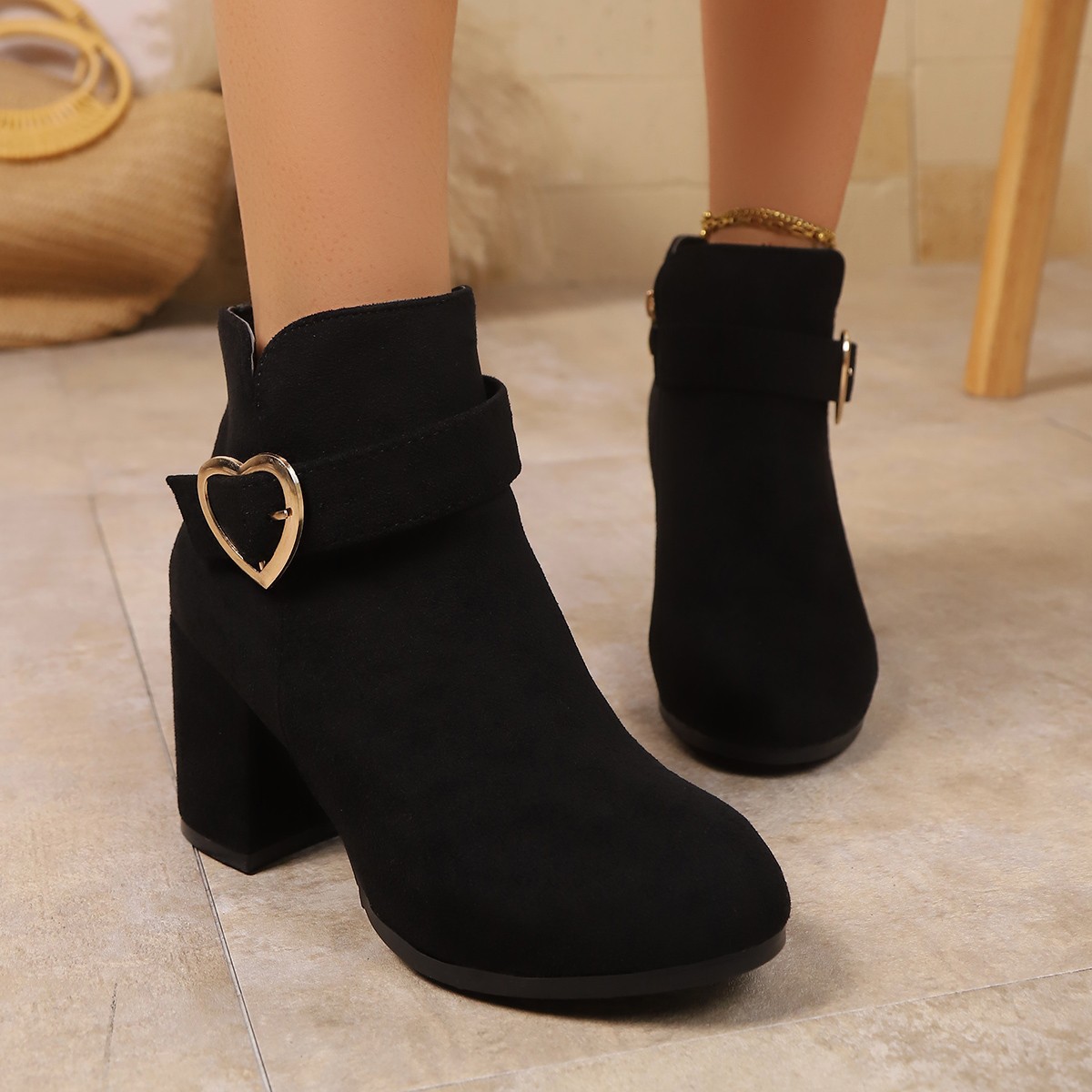 Women's Heart Metal Buckle Suede Mid-Heel Short Boots with Side Zipper - Image 2