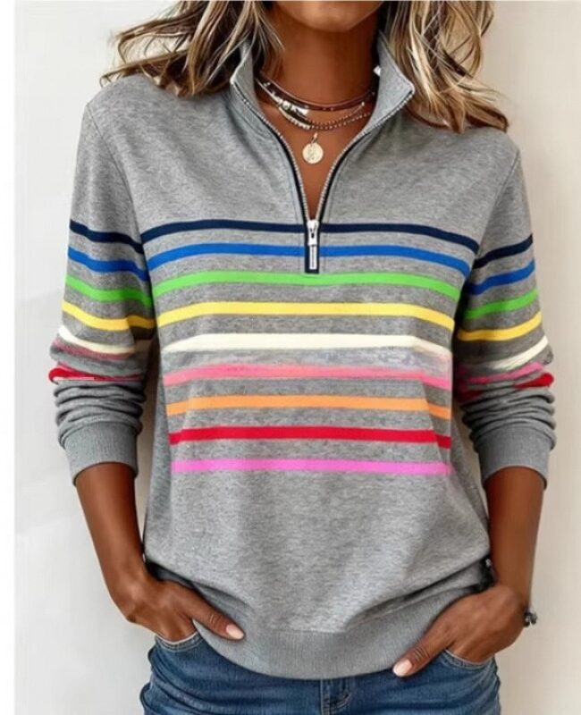 The Cyrielle Colorful Striped Half Zip Stand Collar Long Sleeve Sweatshirt Detail – La Rose Couture Tops & Blouses