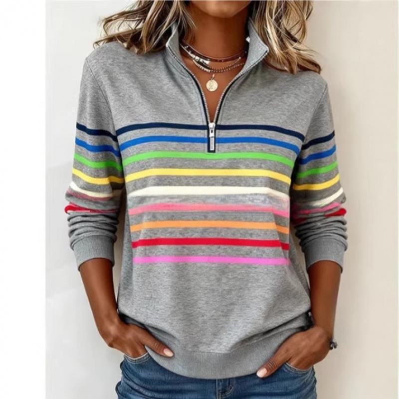 Colorful Striped Half Zip Stand Collar Long Sleeve Sweatshirt - Image 4