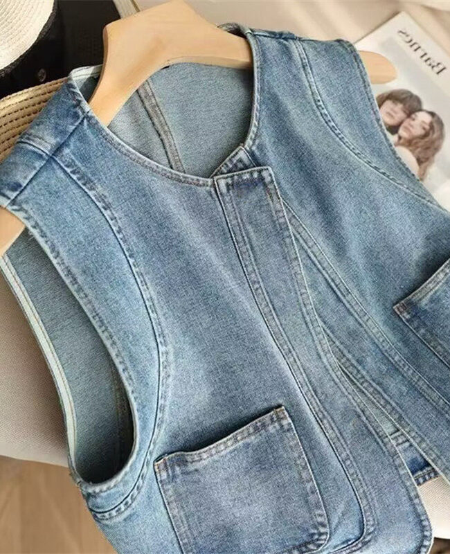 The Diane Vintage Minimalist Sleeveless Denim Blue Outerwear Vest Detail – La Rose Couture Coats & Jackets