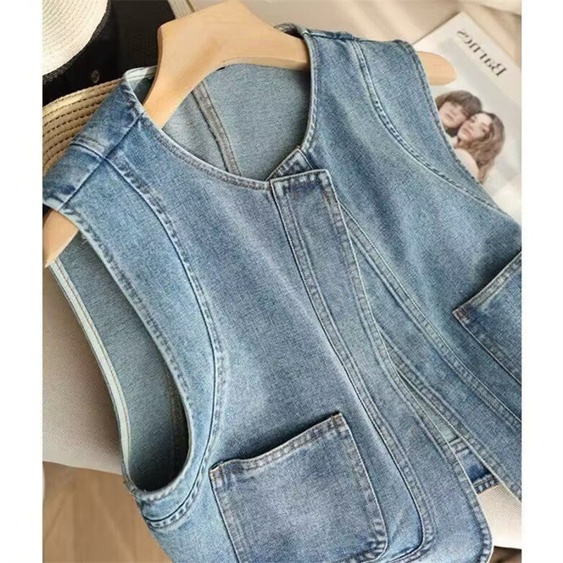 Women Vintage Korean Style Sleeveless Denim Blue Outerwear Vest - Image 2