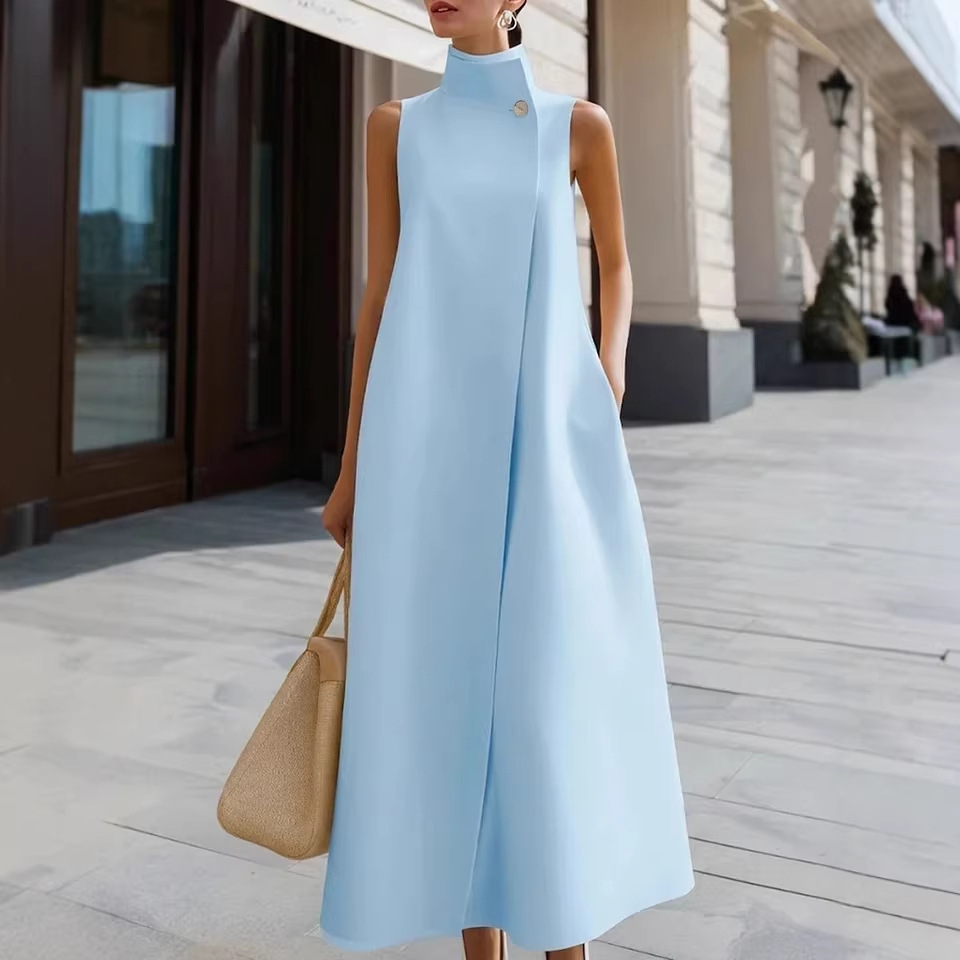 Elegant Stand Collar Button Vest Dress - Image 4