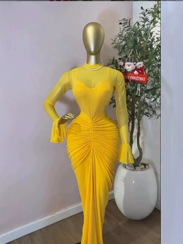 Womens Mesh Pleated Long Dress - Image 4