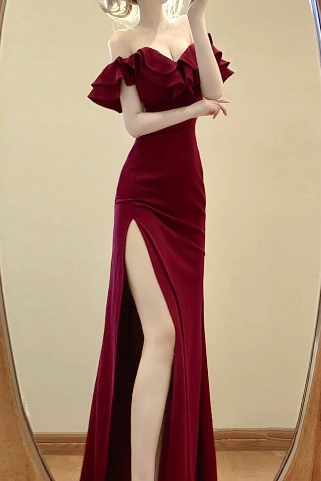 The Colette Elegant Off Shoulder Ruffled Strapless Dress with High Slit Detail – La Rose Couture Dresses & Gowns