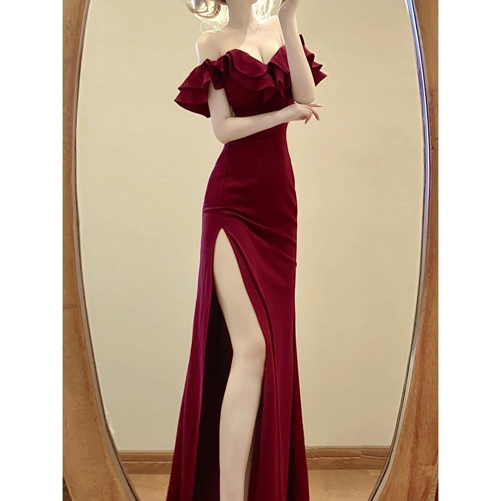 Elegant Off-Shoulder Ruffled Strapless Dress with High Slit - Image 4